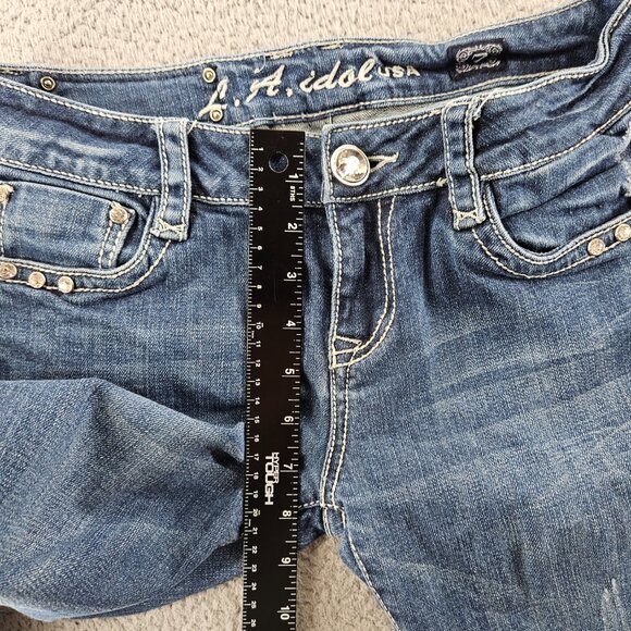 LA Idol Jeans Womens 7 (30x31) Blue Mid Rise Bootcut Rhinestones Embroidered - Picture 9 of 15